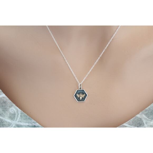 Sterling Silver Hexagon Charm with Bronze Bee Necklace - Picture 3 of 3